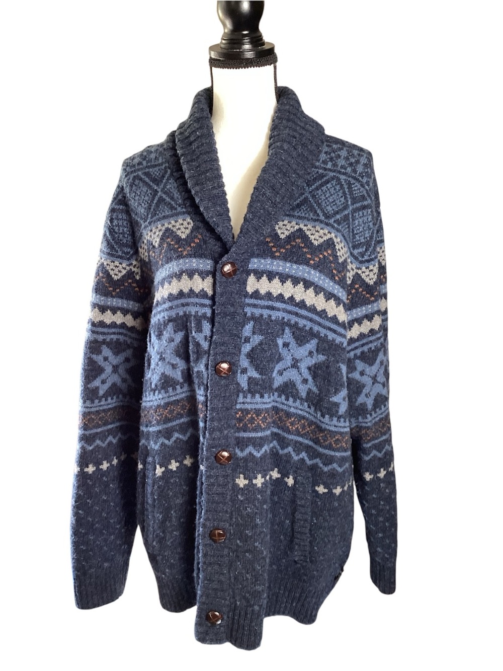Woolrich Navy & Light Blue Fair Isle Shawl Cardigan
